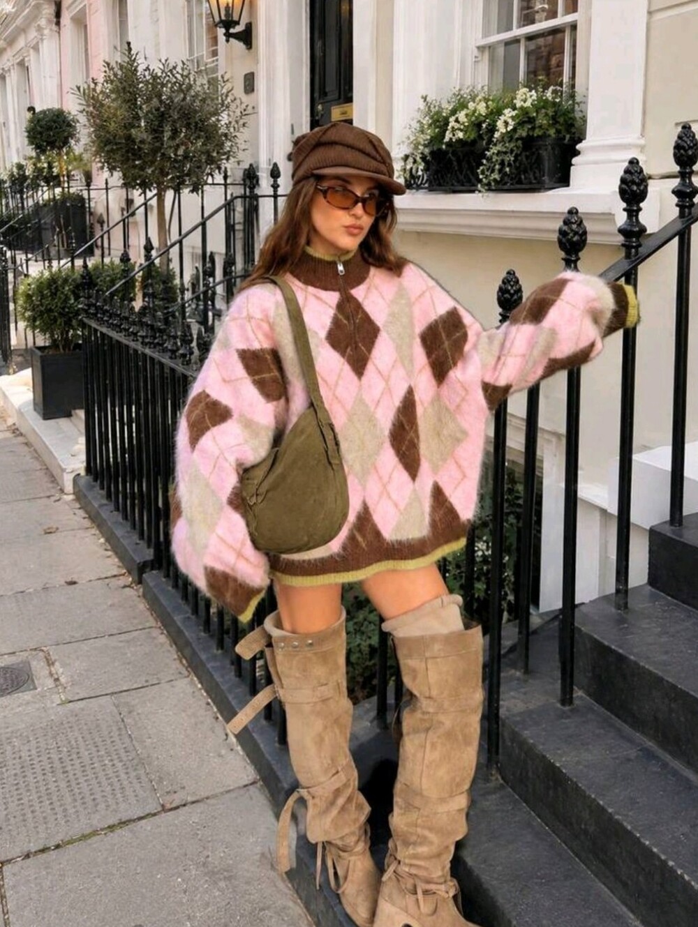 MORI Autumn/Winter Y2K Elegant Casual Style Pink Brown Argyle Half-Zip Loose
